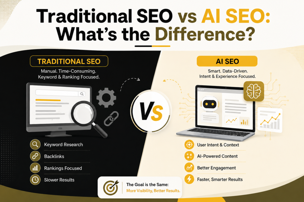 Traditional SEO vs AI SEO infographic comparing keyword-focused SEO with AI-powered, intent-driven strategies.